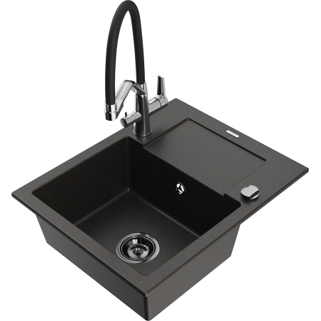 Mexen Enzo granite sink 1-bowl with drainer and Duo kitchen tap, black/gold metallic - 6506-75-671701-07-B