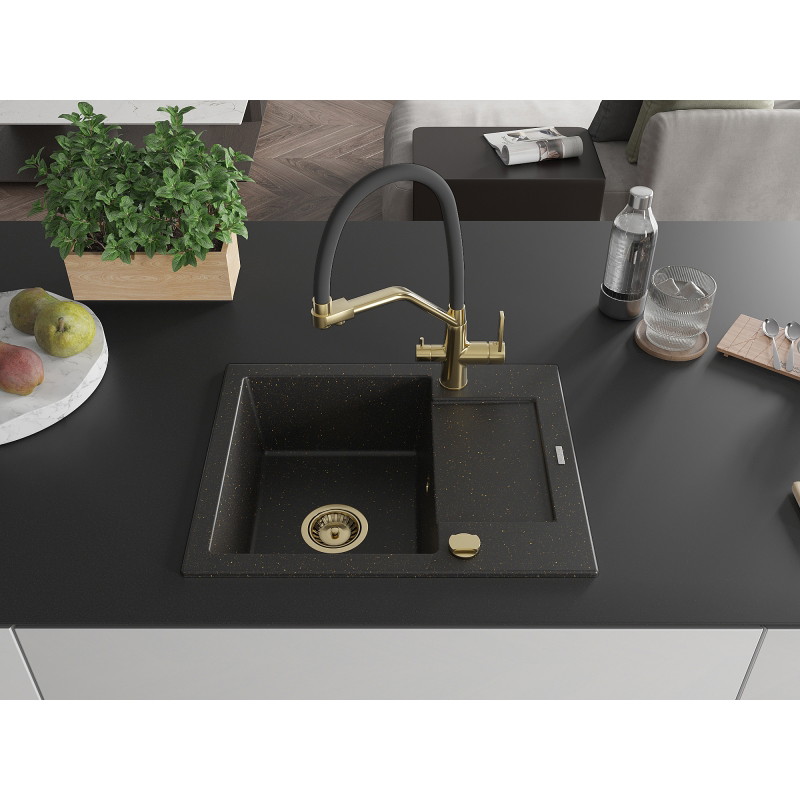 Mexen Enzo Granitspüle 1-becken mit Abtropffläche und Küchenarmatur Duo, schwarz/gold metallic - 6506-75-671701-57-G
