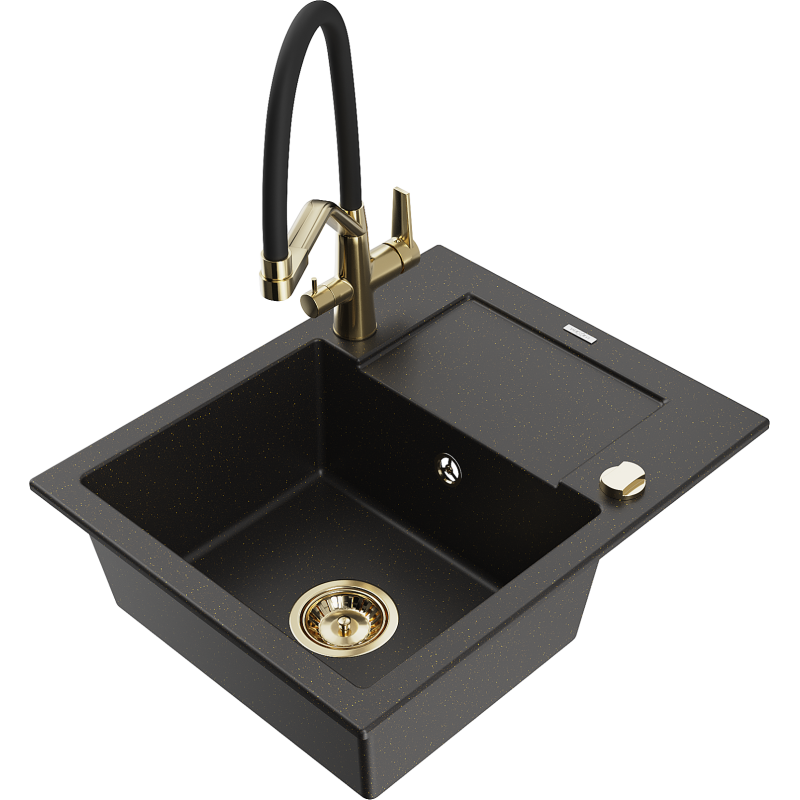 Mexen Enzo évier en granit 1 bac avec égouttoir et robinet de cuisine Duo, noir/or métallique - 6506-75-671701-57-G