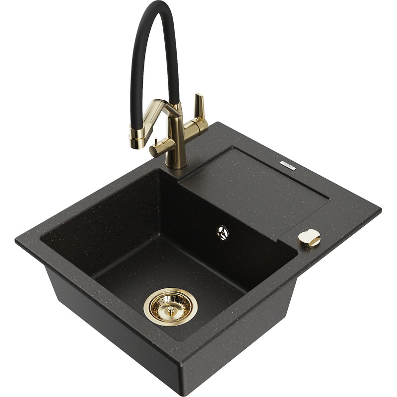 Mexen Enzo granit spoelbak met 1 compartiment met afdruiprek en keukenkraan Duo, zwart/goud metallic - 6506-75-671701-57-G