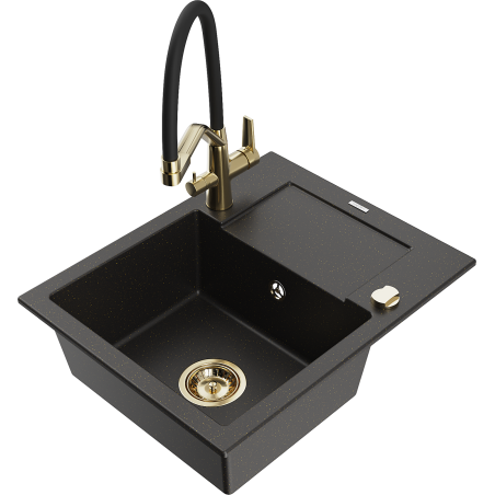 Mexen Enzo évier en granit 1 bac avec égouttoir et robinet de cuisine Duo, noir/or métallique - 6506-75-671701-57-G