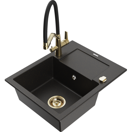 Mexen Enzo lavello in granito a 1 vasca con scolapiatti e rubinetto da cucina Duo, nero/oro metallico - 6506-75-671701-57-G