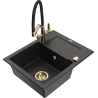 Mexen Enzo fregadero de granito de 1 cuenco con escurridor y grifo de cocina Duo, negro/dorado metálico - 6506-75-671701-57-G