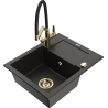 Mexen Enzo granite kitchen sink 1-bowl with drainer and kitchen faucet Duo, black/gold metallic - 6506-75-671701-57-G