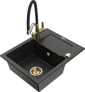 Mexen Enzo granite kitchen sink 1-bowl with drainer and kitchen faucet Duo, black/gold metallic - 6506-75-671701-57-G