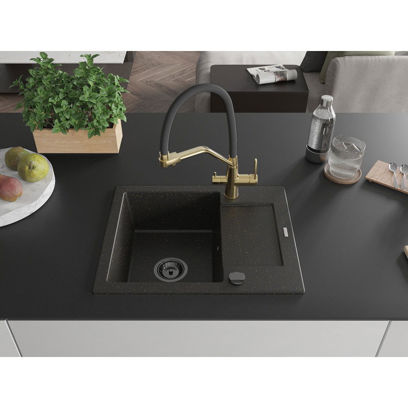 Mexen Enzo 1-bowl granite sink with drainer and Duo kitchen tap, black/gold metallic - 6506-75-671701-57-B