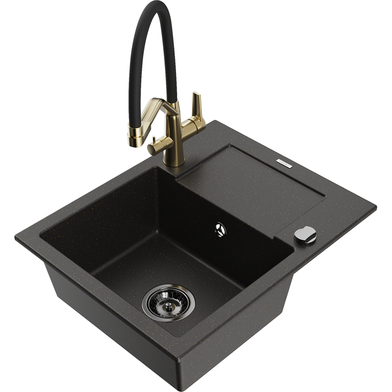 Mexen Enzo 1-bowl granite sink with drainer and Duo kitchen tap, black/gold metallic - 6506-75-671701-57-B