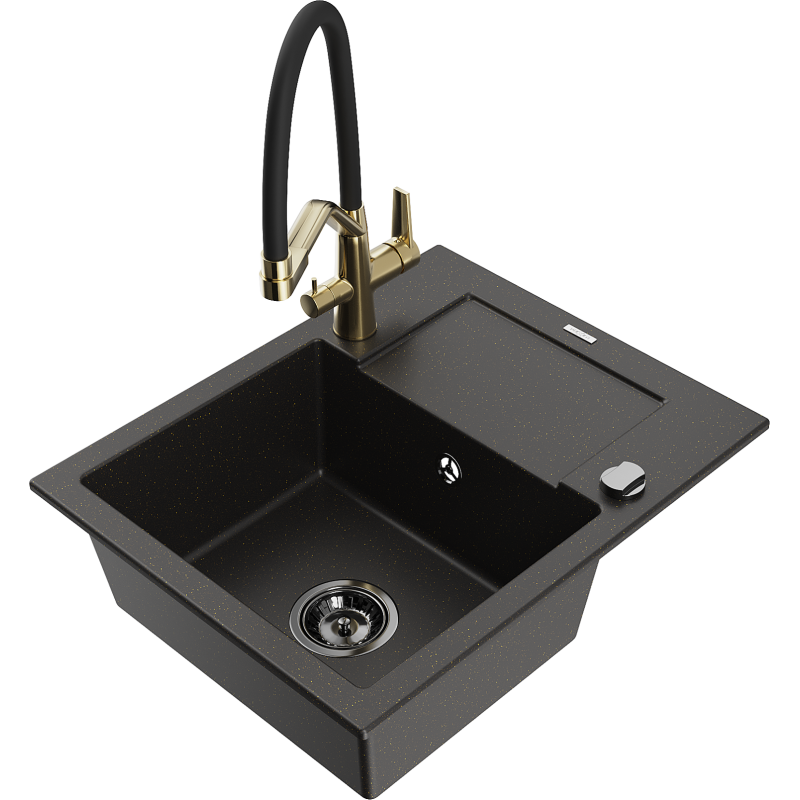 Mexen Enzo fregadero de granito de 1 seno con escurridor y grifo de cocina Duo, negro/dorado metálico - 6506-75-671701-57-B