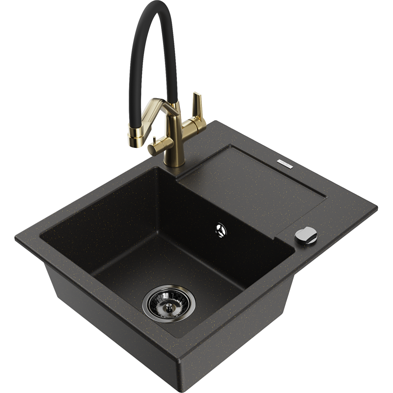 Mexen Enzo granitdiskho med 1 fack och avlopp samt Duo köksblandare, svart/guldmetallik - 6506-75-671701-57-B