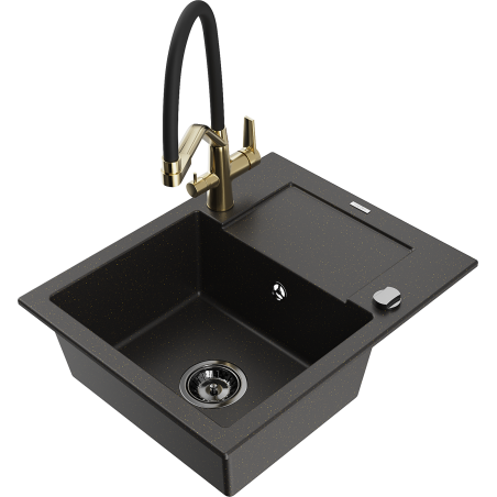Mexen Enzo granieten gootsteen 1-kompaart met afdruiprek en keukenmengkraan Duo, zwart/goud metallic - 6506-75-671701-57-B