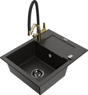 Mexen Enzo Granitspüle 1-beckig mit Abtropffläche und Küchenarmatur Duo, Schwarz/Gold Metallic - 6506-75-671701-57-B