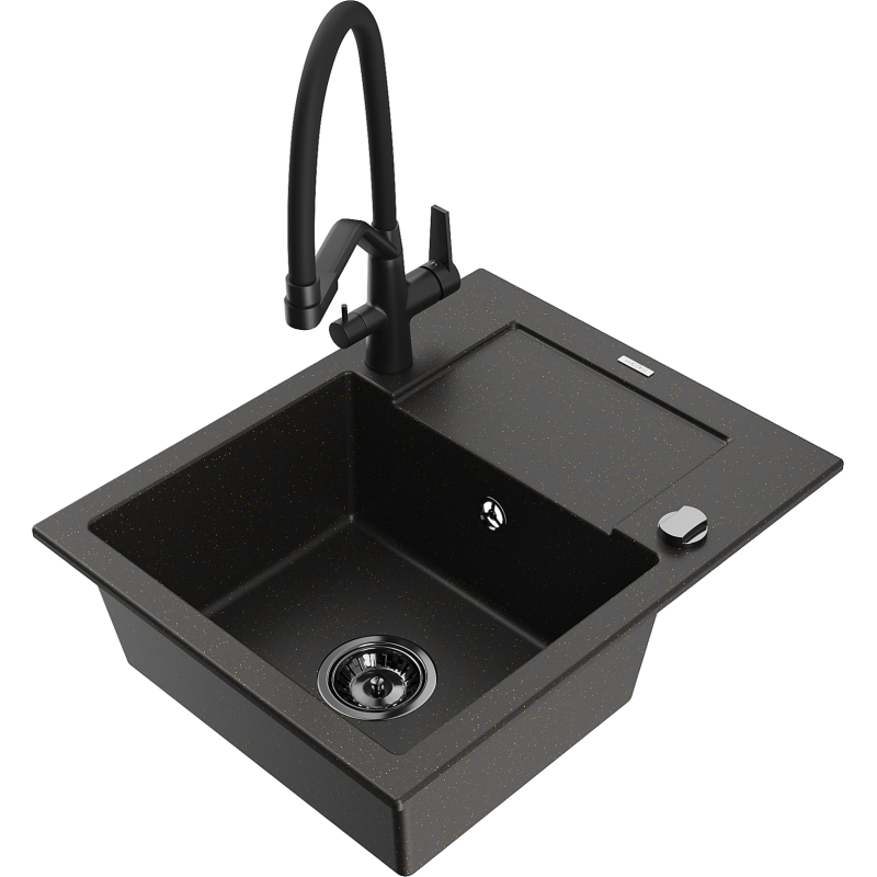 Mexen Enzo Granitspüle 1-becken mit Abtropfbrett und Küchenarmatur Duo, Schwarz/Gold Metalleffekt - 6506-75-671701-70-B