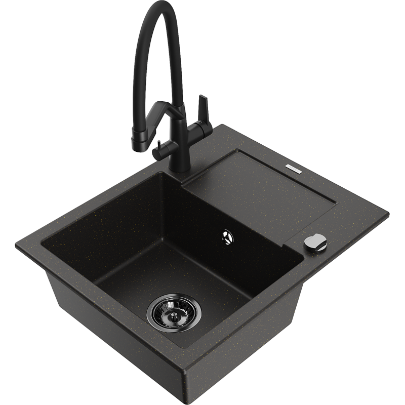 Mexen Enzo lavello da cucina in granito 1-vasca con scolapiatti e rubinetto Duo, nero/oro metallizzato - 6506-75-671701-70-B