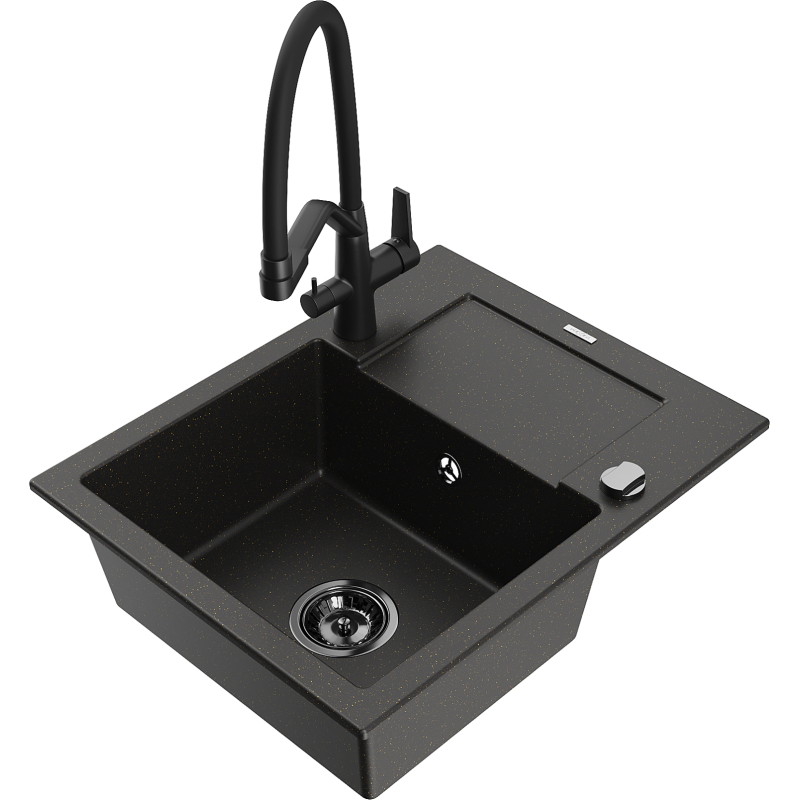 Mexen Enzo lavello in granito monocamerale con sgocciolatoio e miscelatore da cucina Duo, nero/oro metallizzato