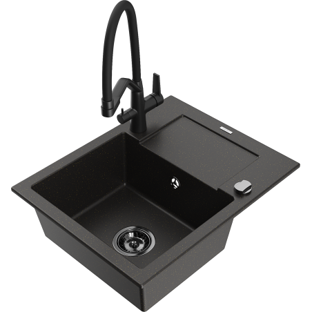 Mexen Enzo Granitspüle 1-Becken mit Abtropffläche und Küchenarmatur Duo, schwarz/gold metallic - 6506-75-671701-70-B