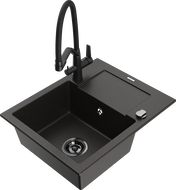 Mexen Enzo 1-bowl Granite Sink with Drainer and Duo Kitchen Tap, Black/Gold Metallic - 6506-75-671701-70-B