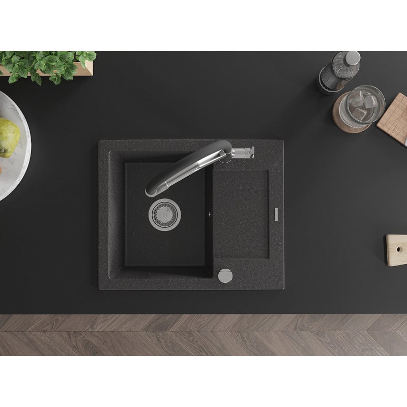 Mexen Enzo fregadero de granito de 1 cubeta con escurridor y grifo de cocina Duo, negro moteado - 6506-76-671701-07