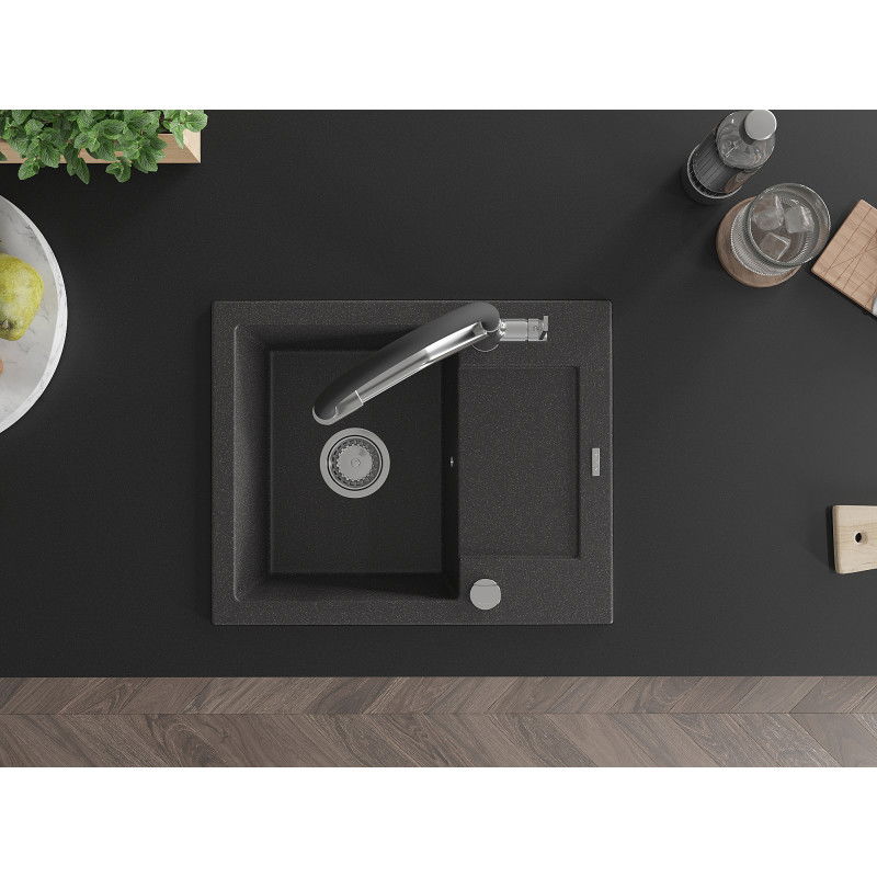 Mexen Enzo granite sink 1-bowl with drainer and Duo kitchen tap, speckled black - 6506-76-671701-07