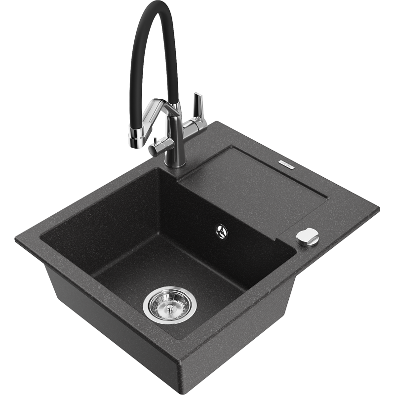 Mexen Enzo fregadero de granito de 1 cubeta con escurridor y grifo de cocina Duo, negro moteado - 6506-76-671701-07