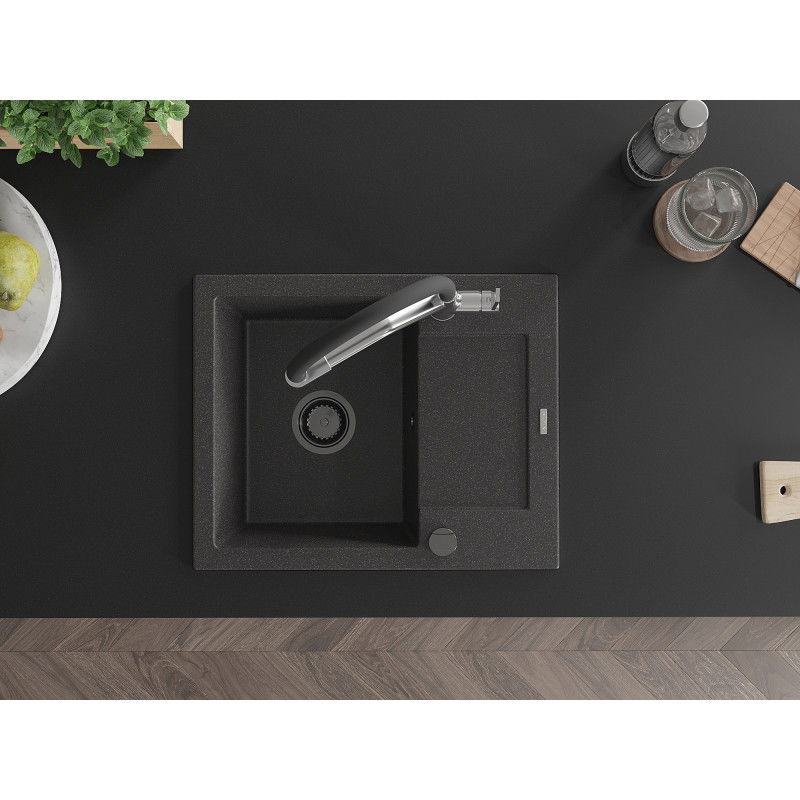 Mexen Enzo granite sink 1-bowl with drainer and Duo kitchen tap, speckled black - 6506-76-671701-07-B