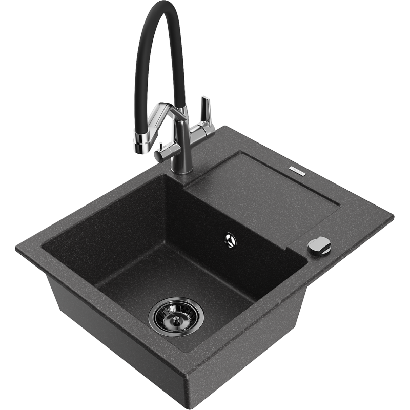 Mexen Enzo fregadero de granito de 1 cubeta con escurridor y grifo de cocina Duo, negro moteado - 6506-76-671701-07-B