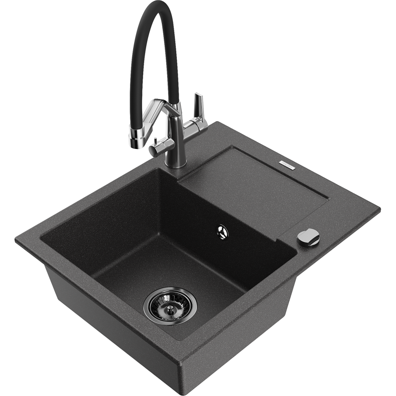 Mexen Enzo granite sink 1-bowl with drainer and Duo kitchen tap, speckled black - 6506-76-671701-07-B