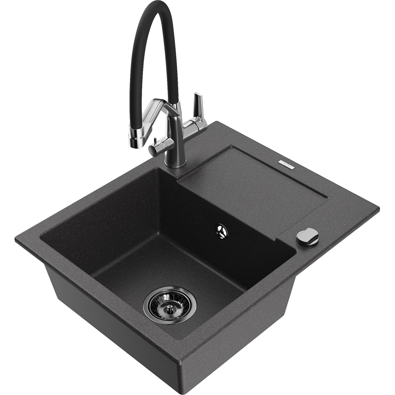 Mexen Enzo granitizlietne ar vienu nodalījumu ar noteci un virtuves jaucējkrānu Duo, melns ar punktiem - 6506-76-671701-07-B