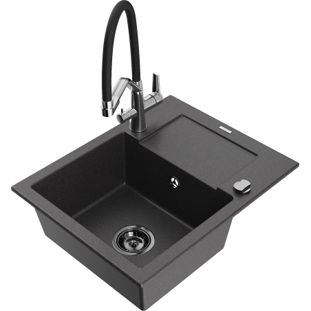 Mexen Enzo fregadero de granito de 1 cubeta con escurridor y grifo de cocina Duo, negro moteado - 6506-76-671701-07-B