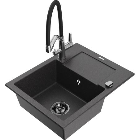 Mexen Enzo granite sink 1-bowl with drainer and Duo kitchen tap, speckled black - 6506-76-671701-07-B