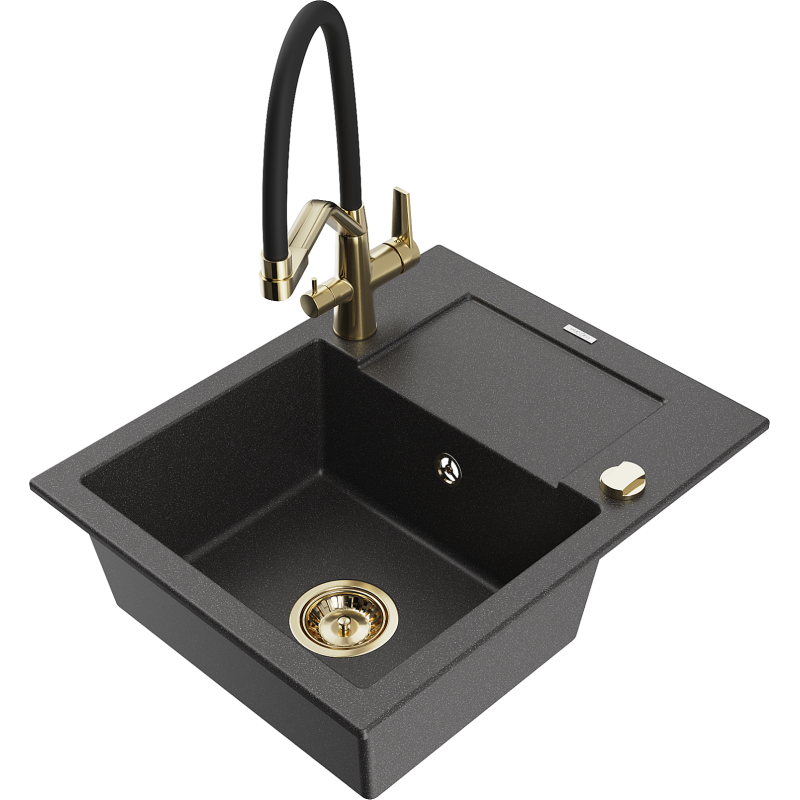 Mexen Enzo granit diskbänk med en kammare och droppbricka samt Duo köksblandare, svart stänkt - 6506-76-671701-57-G