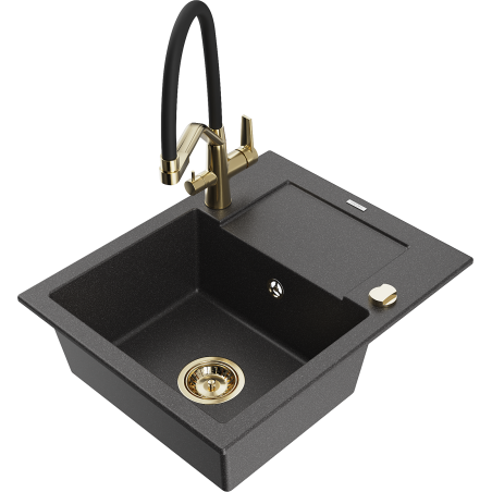 Mexen Enzo granite sink 1-bowl with drainer and Duo kitchen faucet, spotted black - 6506-76-671701-57-G