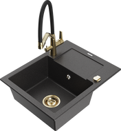 Mexen Enzo granite sink 1-bowl with drainer and Duo kitchen tap, speckled black - 6506-76-671701-57-G