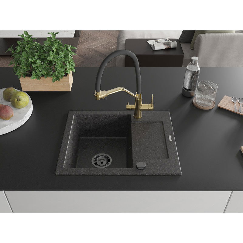Mexen Enzo granite sink, 1-bowl with drainer and Duo kitchen tap, speckled black - 6506-76-671701-57-B