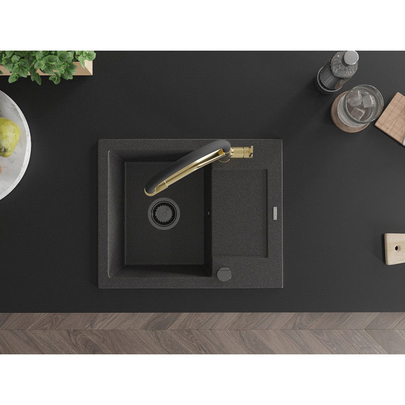 Mexen Enzo fregadero de granito de 1 seno con escurridor y grifo de cocina Duo, negro moteado - 6506-76-671701-57-B