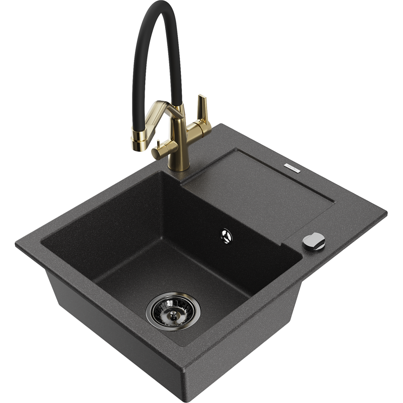 Mexen Enzo fregadero de granito de 1 seno con escurridor y grifo de cocina Duo, negro moteado - 6506-76-671701-57-B