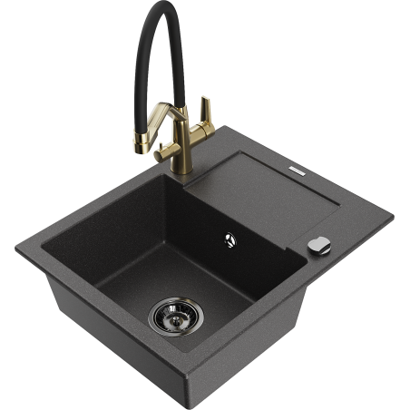 Mexen Enzo fregadero de granito de 1 seno con escurridor y grifo de cocina Duo, negro moteado - 6506-76-671701-57-B