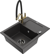Mexen Enzo granite sink, 1-bowl with drainer and Duo kitchen tap, speckled black - 6506-76-671701-57-B