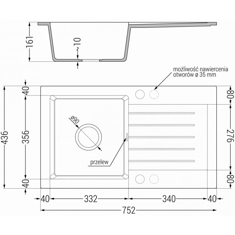 Mexen Pablo 1-bowl granite sink with drainer 752 x 436 mm, black, chrome siphon - 6510751010-77