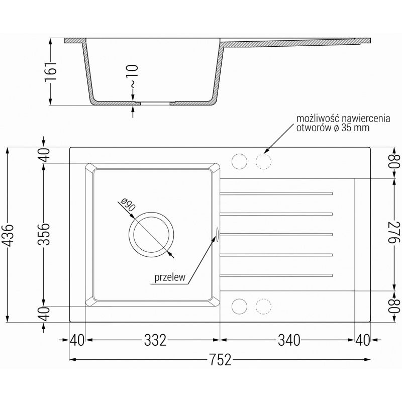 Mexen Pablo granieten spoelbak 1-kamer met afdruiprek 752 x 436 mm, zwart, sifon chroom - 6510751010-77