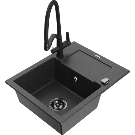 Mexen Enzo 1-bowl granite sink with drainer and Duo kitchen tap, black speckled - 6506-76-671701-70-B