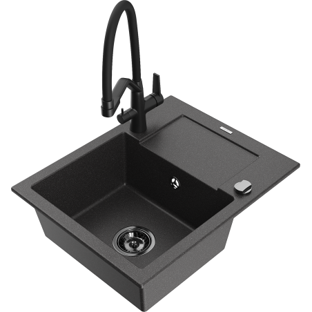 Mexen Enzo fregadero de granito de 1 cubeta con escurridor y grifo de cocina Duo, negro moteado - 6506-76-671701-70-B