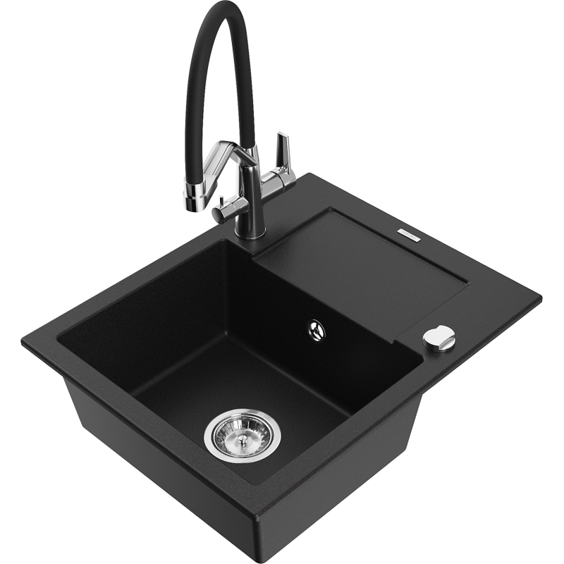 Mexen Enzo fregadero de granito de 1 cubeta con escurridor y grifo de cocina Duo, negro - 6506-77-671701-07