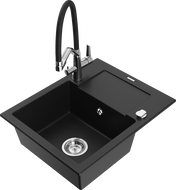 Mexen Enzo 1-Bowl Granite Sink with Drainer and Duo Kitchen Faucet, Black - 6506-77-671701-07