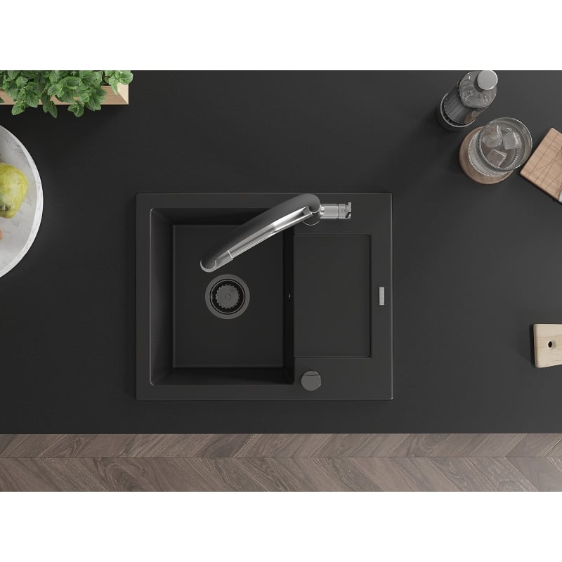 Mexen Enzo granite kitchen sink 1-bowl with drainer and Duo kitchen faucet, black - 6506-77-671701-07-B