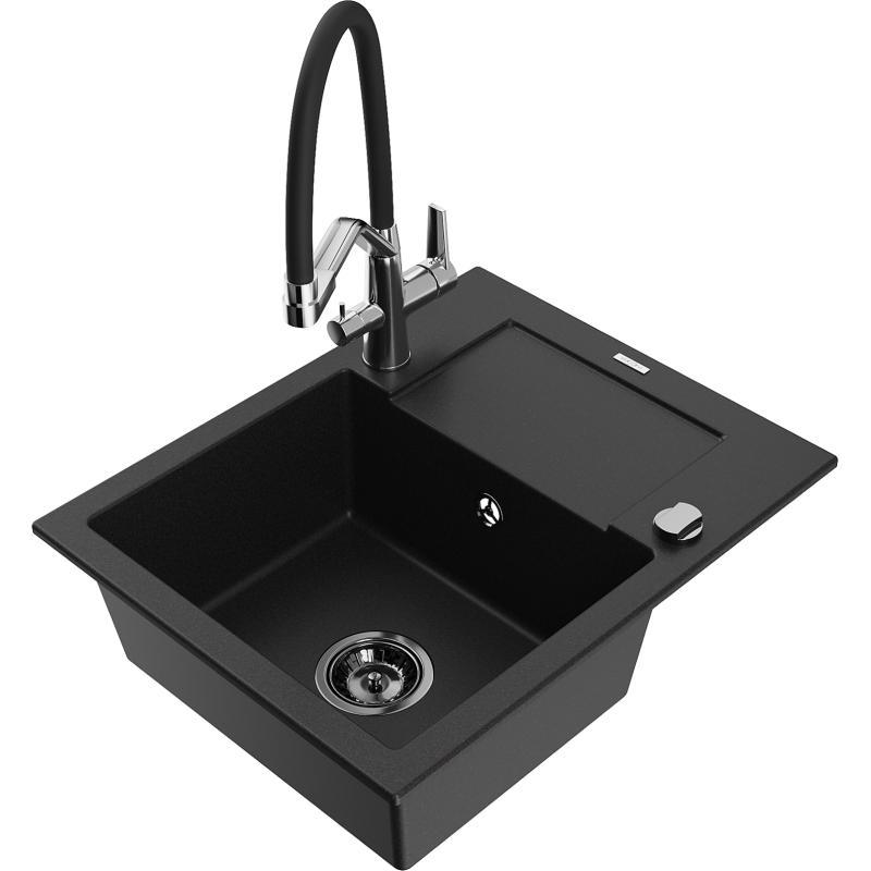 Mexen Enzo fregadero de granito de 1 seno con escurridor y grifo de cocina Duo, negro - 6506-77-671701-07-B