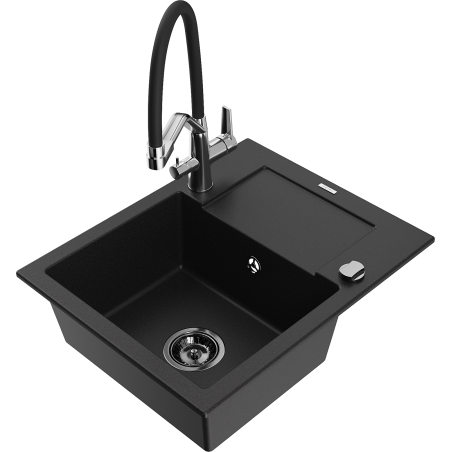 Mexen Enzo 1-bowl granite sink with drainer and Duo kitchen tap, black - 6506-77-671701-07-B