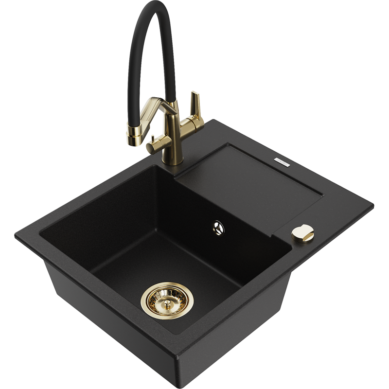 Mexen Enzo fregadero de granito de 1 cubeta con escurridor y grifo de cocina Duo, negro - 6506-77-671701-57-G