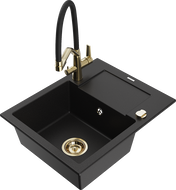 Mexen Enzo 1-bowl granite sink with drainer and Duo kitchen tap, black - 6506-77-671701-57-G