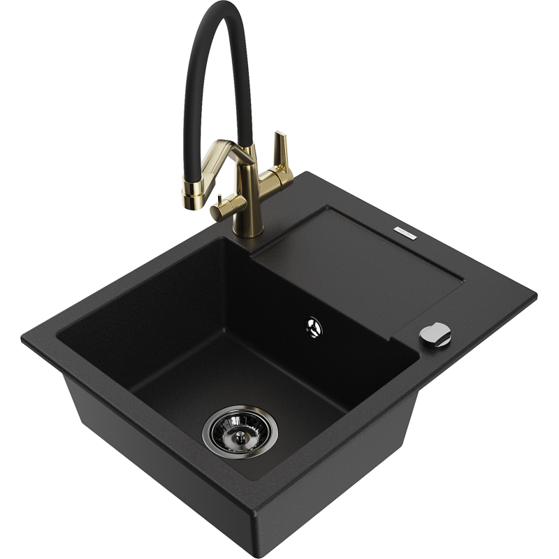 Mexen Enzo fregadero de granito de 1 cubeta con escurridor y grifo de cocina Duo, negro - 6506-77-671701-57-B