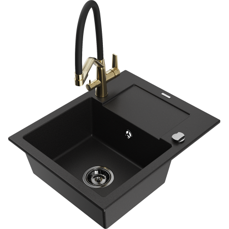Mexen Enzo granite sink 1-bowl with drainer and Duo kitchen tap, black - 6506-77-671701-57-B